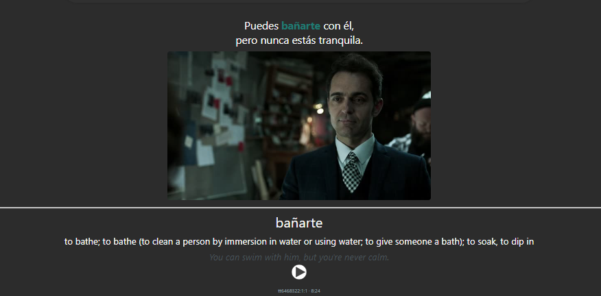 An Anki card for the Spanish word “bañarte”: the subtitle line with the word highlighted, a picture of the scene, the meaning “to bathe”, the English line and a play button for the audio.