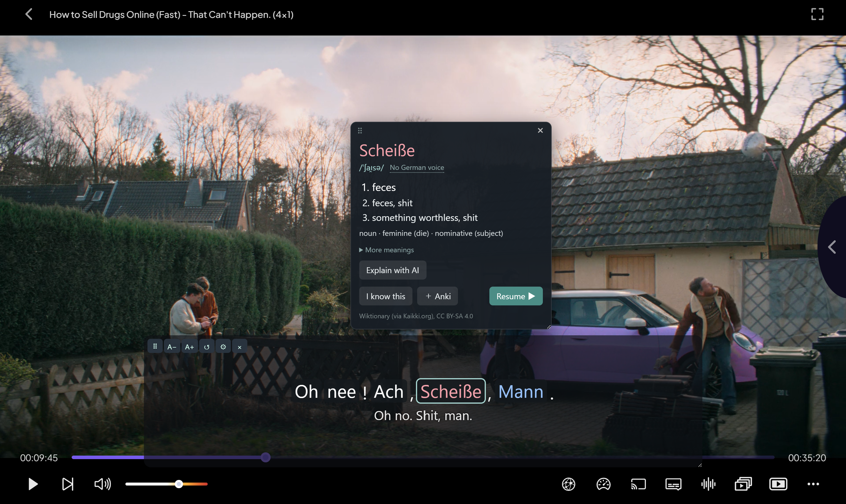 A German subtitle where the word being spoken is highlighted and nouns are coloured by gender.