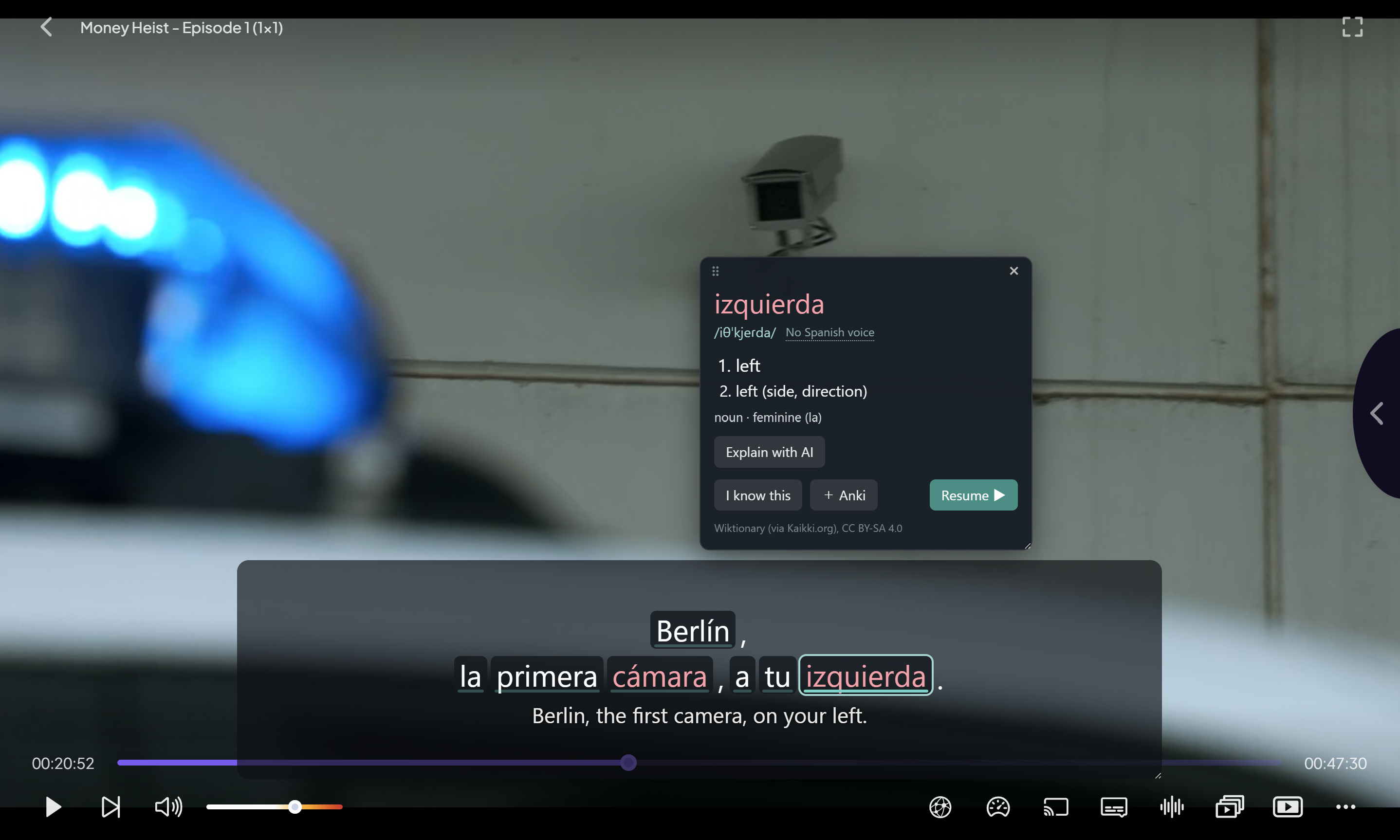 The Windows app over a paused video. A clicked word shows its meaning, a grammar note, and the buttons Say, Slowly, I know this, Explain with AI and Save to Anki.